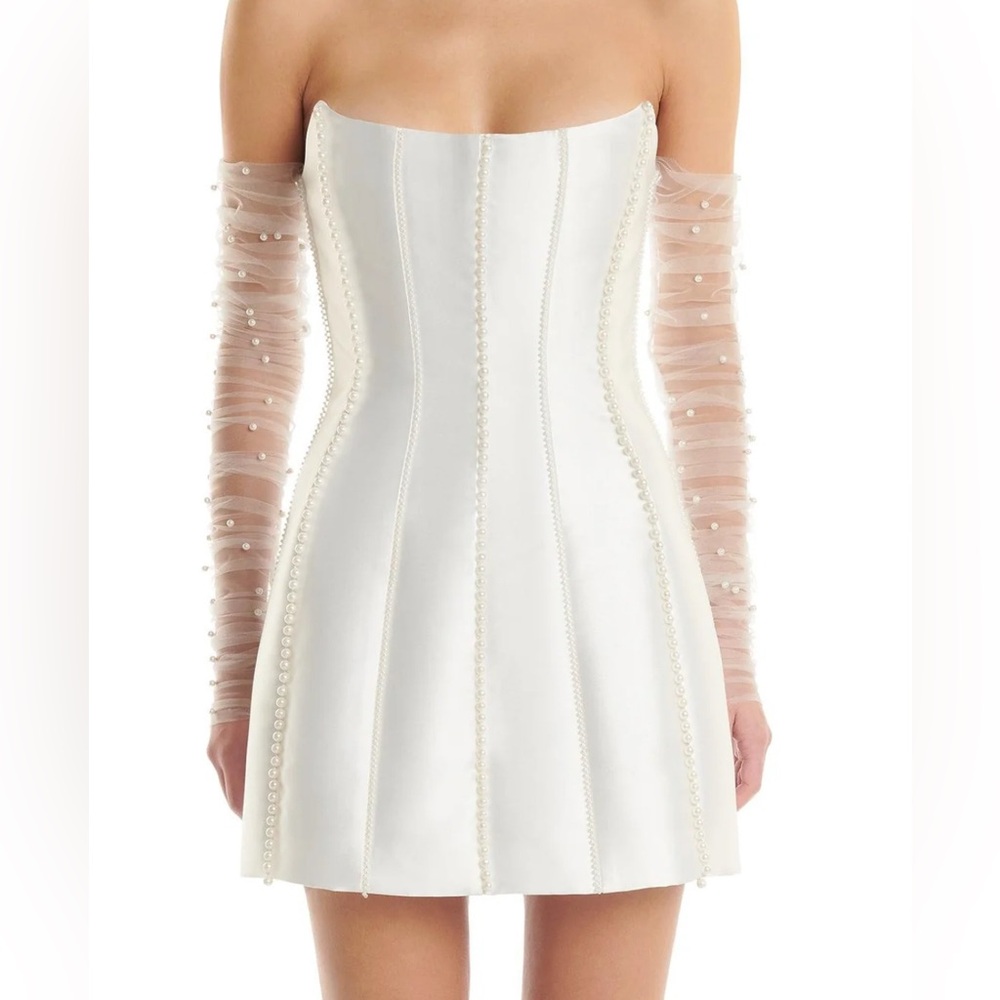 Elegant White Strapless Dress with Sheer Sleeves